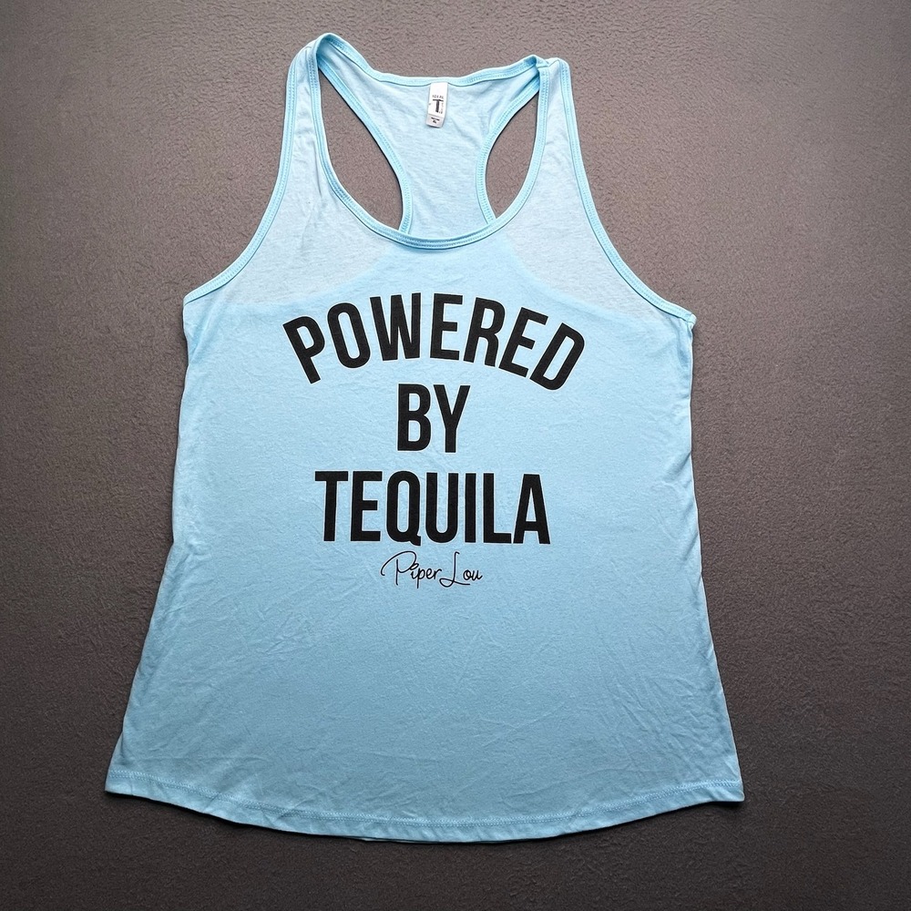 Piper Lou Women  Top Blue Cotton Blend XL Powered By Tequila Graphic Racerback